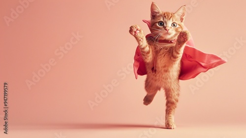 Funny cat in super hero costume jumping on color background with copy space.