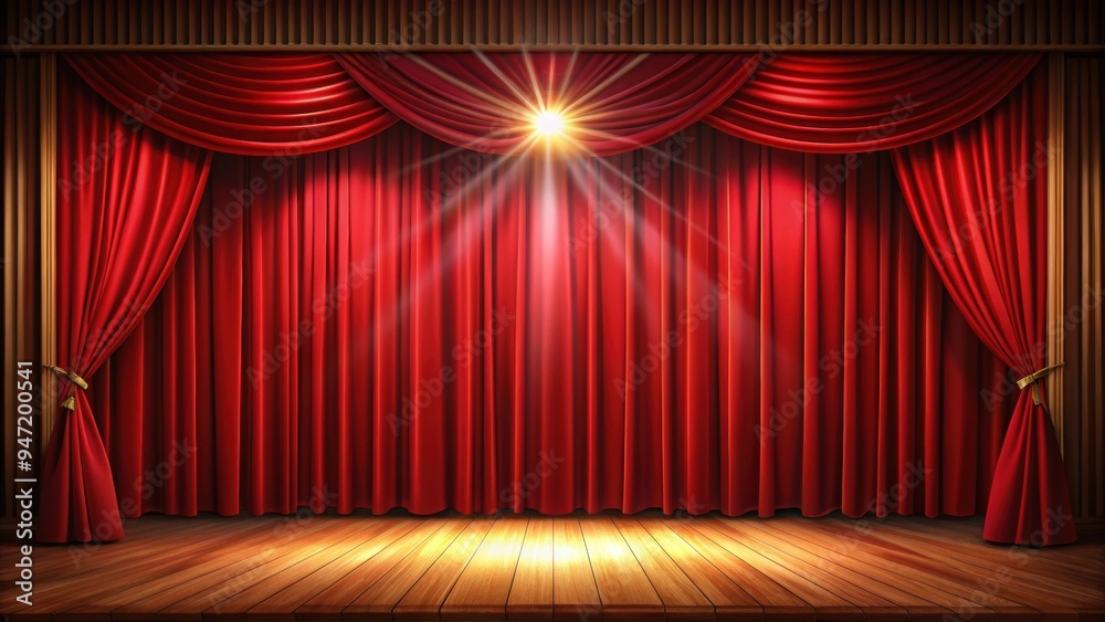 Fototapeta premium Theater stage with vibrant red curtains and a show spotlight , theater, stage, red curtains, show