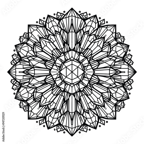 A crystal-inspired mandala with simple, sharp lines representing facets of gemstones vector