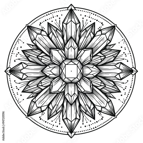 A crystal-inspired mandala with simple, sharp lines representing facets of gemstones vector