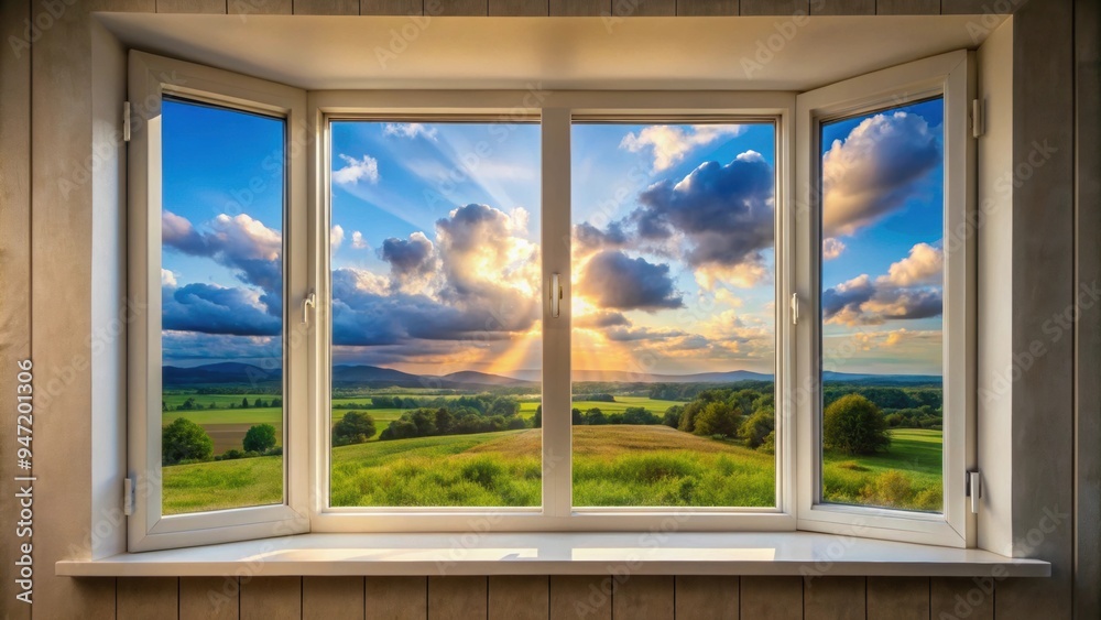Fototapeta premium Window with open frame showcasing a beautiful landscape view of the sky from inside a home, window, sky, frame, open, home