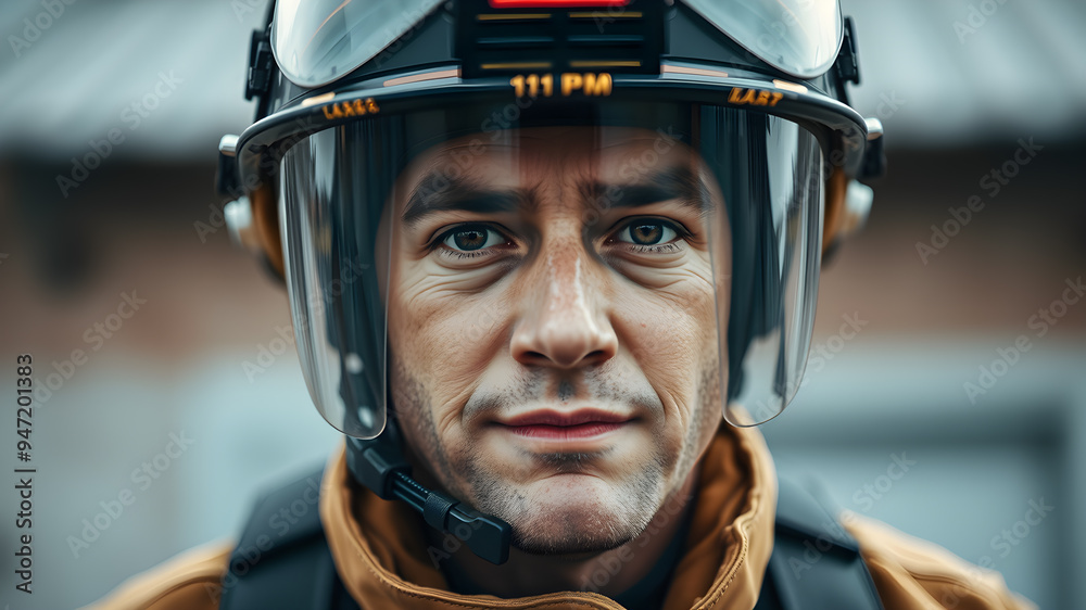 Face of firefighter with helmet. Generative AI Face of firefighter with helmet. Generative AI