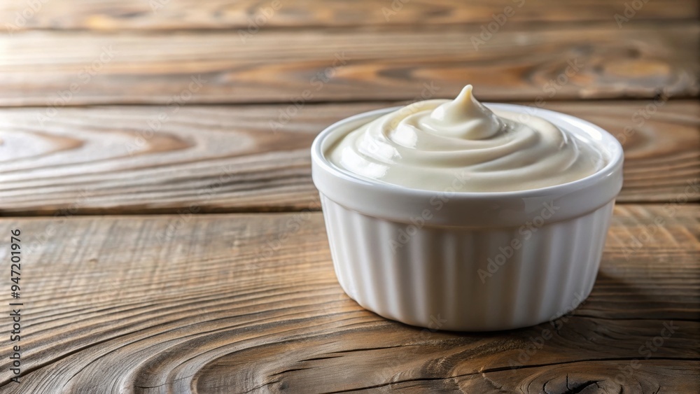 Creamy sour cream in a white ceramic pot on a wooden table, sour cream, food, dairy, condiment, creamy, white, ceramic Creamy sour cream in a white ceramic pot on a wooden table, sour cream, food, dairy, condiment, creamy, white, ceramic
