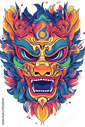 Colorful Dragon Mask Illustration Asian Culture Mythical Creature Art Design