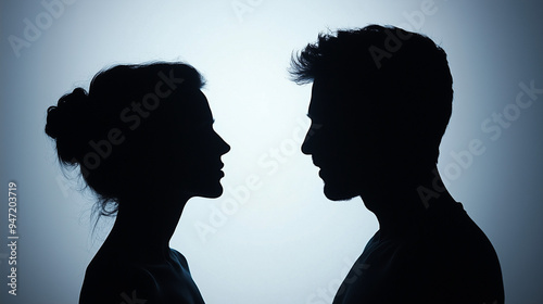 The silhouettes of a man and a woman facing each other against a cold light background create an atmosphere of tension and intimacy