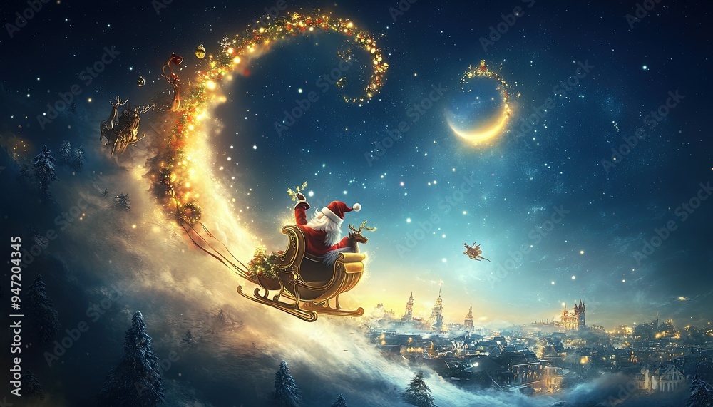 Fototapeta premium Christmas Night Santa Claus Sleigh Flying Over City