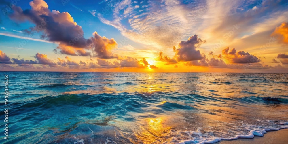 Fototapeta premium Tranquil sunset over the Afro-Caribbean sea with gentle waves , Afro-Caribbean, sunset, serene, maritime, waves, ocean