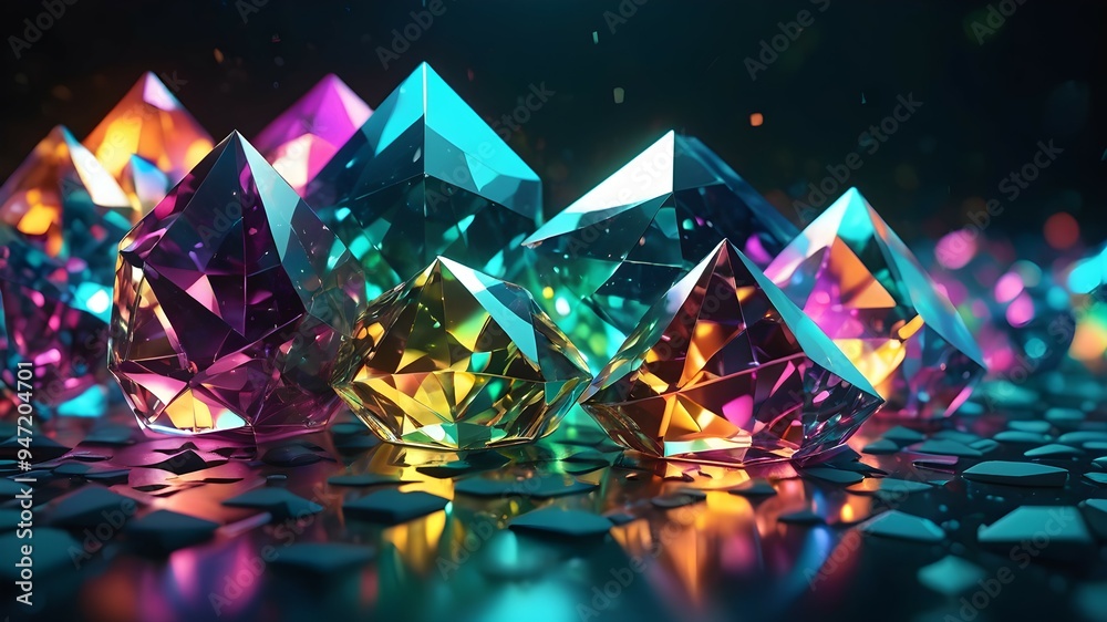 Backgrounds of 3D polygonal structures, gems, crystals, or diamonds with light reflecting off faceted surfaces in a spectrum of cool colors Backgrounds of 3D polygonal structures, gems, crystals, or diamonds with light reflecting off faceted surfaces in a spectrum of cool colors