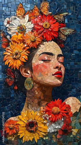 Collage of mosaic style female faces and flowers