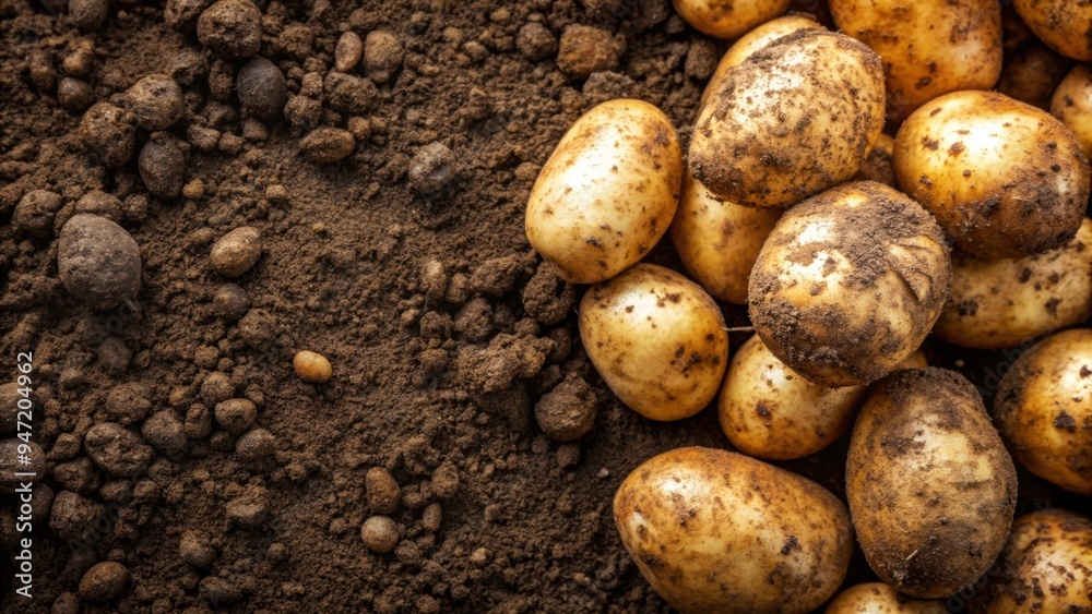 Freshly dug potatoes with dirt still on them , vegetables, farm, organic, agriculture, harvest, soil, roots, earthy, natural Freshly dug potatoes with dirt still on them , vegetables, farm, organic, agriculture, harvest, soil, roots, earthy, natural