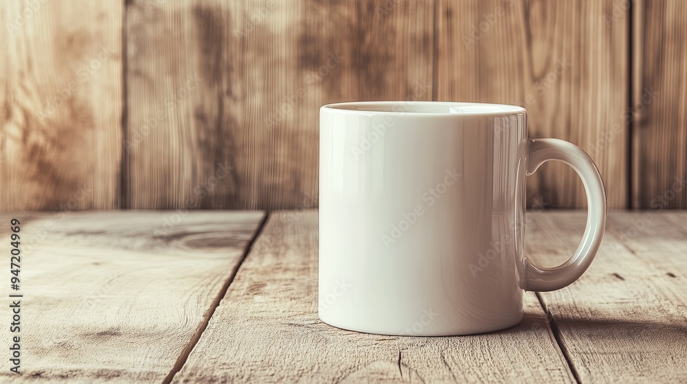 White Coffee Mug on Rustic Wooden Table White Coffee Mug on Rustic Wooden Table