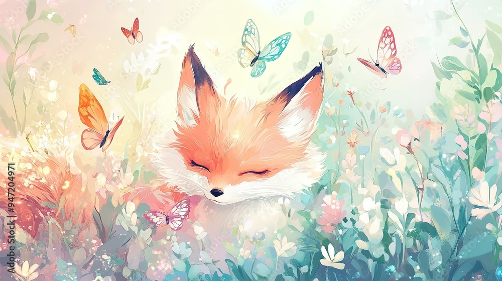 Sleeping Fox in a Flower Garden with Butterflies Sleeping Fox in a Flower Garden with Butterflies