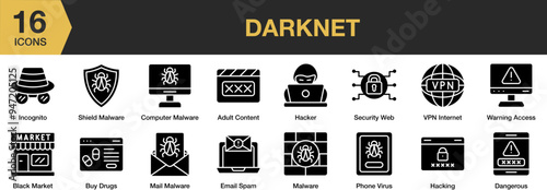 Darknet solid icon set. Includes email spam, hacker, incognito, malware, security acces, and More. Solid icons vector collection.