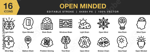 Open Minded icon set. Editable Stroke Icon Collection. Includes balloon brain, book, chain, idea, head, light, and More. Outline icons vector collection.