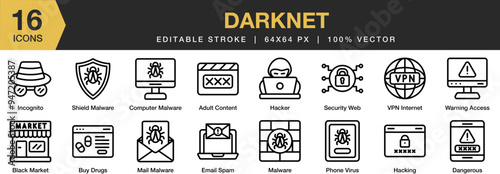Darknet icon set. Editable Stroke Icon Collection. Includes adult content, black market, buy drugs, computer malware, and More. Outline icons vector collection.