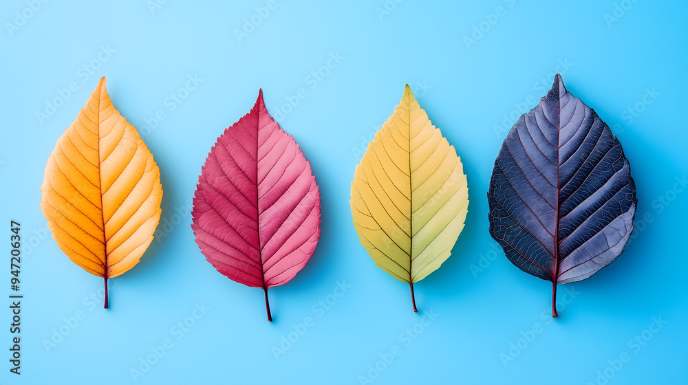 Fototapeta premium Colored Leaves on Blue Background