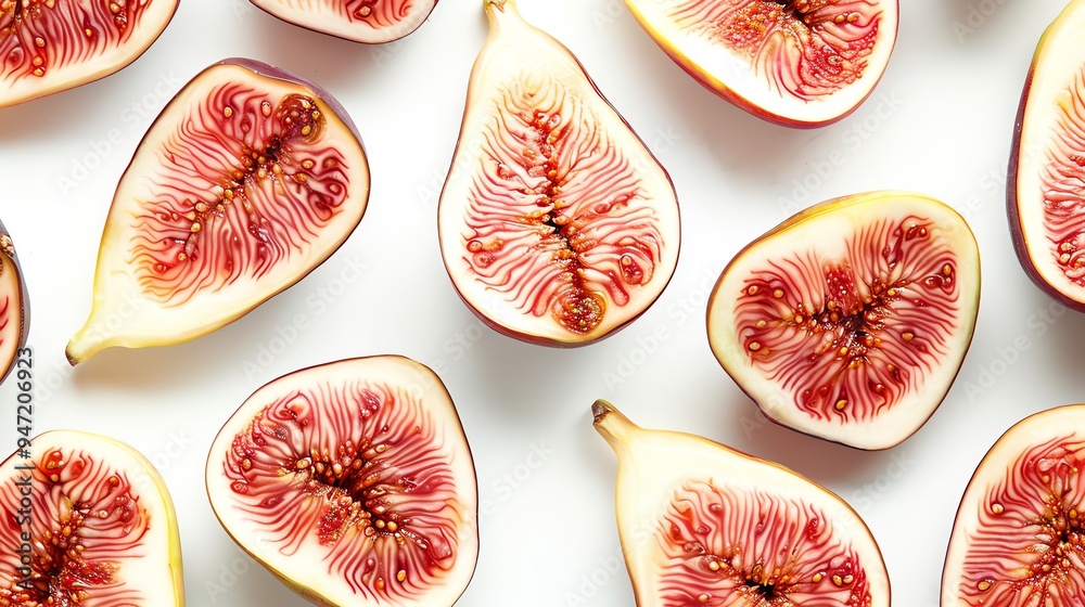 Fig halves on a white background, focus on details, bright lighting, crisp and clear, professional food photography style, vivid colors