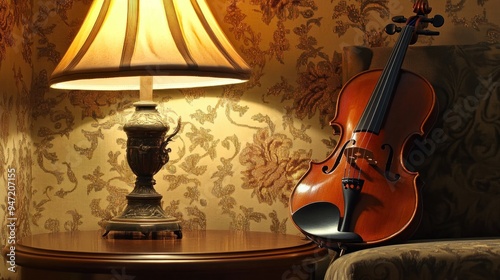 Violin and Lamp in a Cozy Interior