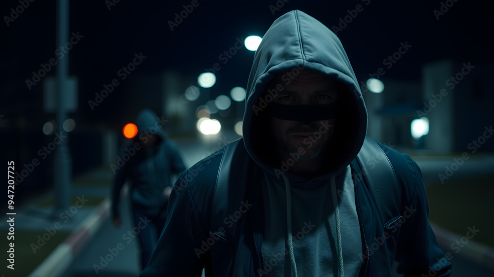 Man in hood following person at night. Concept for crime, robbery and assault. Generative AI Man in hood following person at night. Concept for crime, robbery and assault. Generative AI