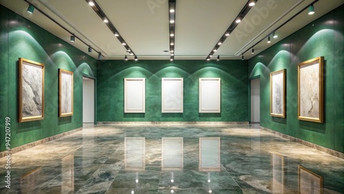 Modern art gallery showcasing an empty frame on a luxurious Verde Alpi marble floor, modern art photo