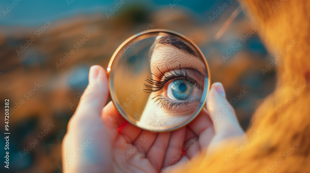 Obraz premium Single Eye Reflection in Hand-Held Mirror