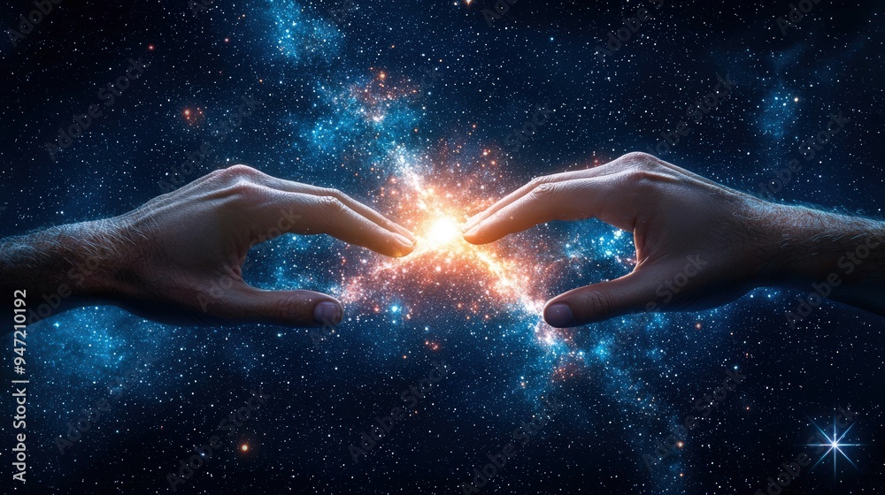 A pair of hands reaching towards each other from opposite sides, surrounded by a background of cosmic patterns and stars A pair of hands reaching towards each other from opposite sides, surrounded by a background of cosmic patterns and stars