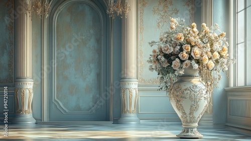 Beautiful big vase with intricate patterns and flowers, set in a luxurious room with an elegant, realistic background, creating a mesmerizing effect