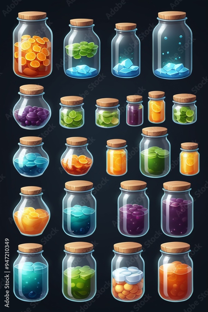 Set of liquid jars isolated on a dark background, cartoon style Set of liquid jars isolated on a dark background, cartoon style