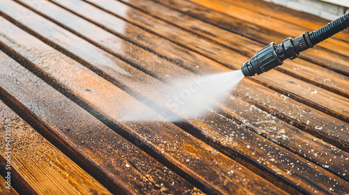 Pressure washer blasting dirt and grime off a wooden deck with water droplets and dirt flying photo