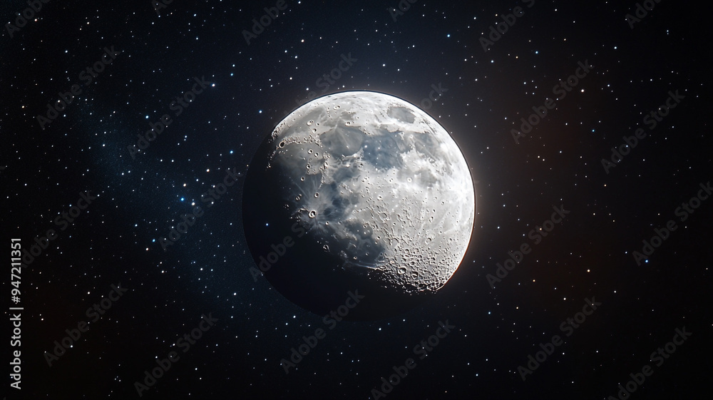 A detailed view of the moon illuminated against a backdrop of twinkling stars in the night sky A detailed view of the moon illuminated against a backdrop of twinkling stars in the night sky