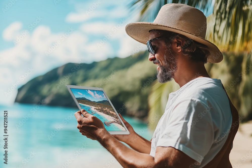 Fototapeta premium Man in a Hat Looks at a Tablet on the Beach