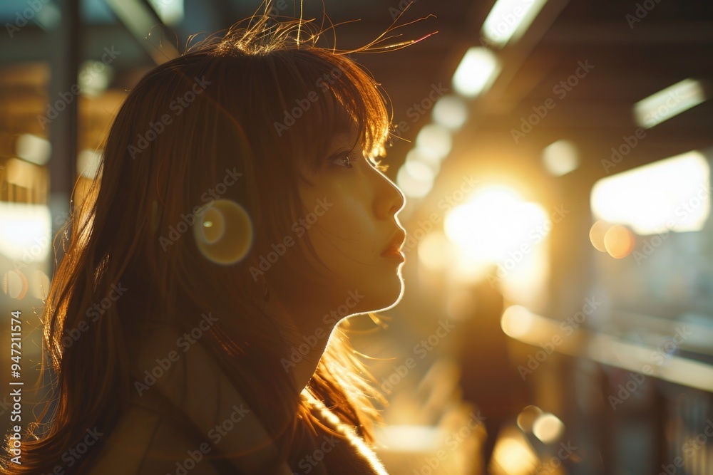 A woman stands on a train platform as the sun sets in the background, a warm glow filling the scene A woman stands on a train platform as the sun sets in the background, a warm glow filling the scene