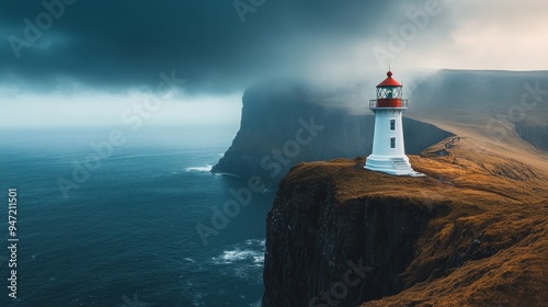 Old white lighthouse on the Mykines island, Faroe islands, Denmark. Landscape  photo