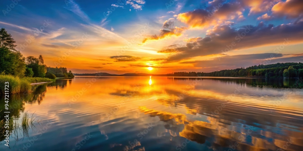 Obraz premium Sunset casting a warm glow over a serene lake, sunset, lake, water, reflection, peaceful, nature, dusk, orange sky, tranquil