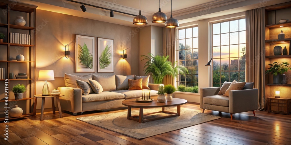 Fototapeta premium Cozy living room with warm lighting and detailed architectural visualization, cozy, living room, warm