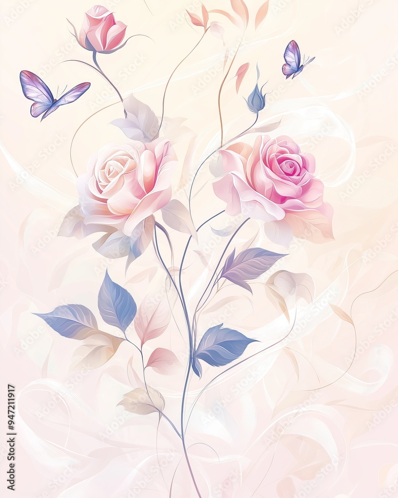 Elegant Illustration of Blooming Roses with Butterflies on a Soft Pastel Background Elegant Illustration of Blooming Roses with Butterflies on a Soft Pastel Background