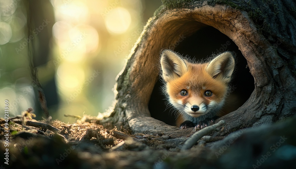 Cute Red Fox Kit Peeking From Tree Hollow in Forest Cute Red Fox Kit Peeking From Tree Hollow in Forest