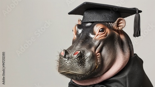 Cute happy hippo in student graduation cap with tassel and gown Wild animal Isolated character on transparent background photo