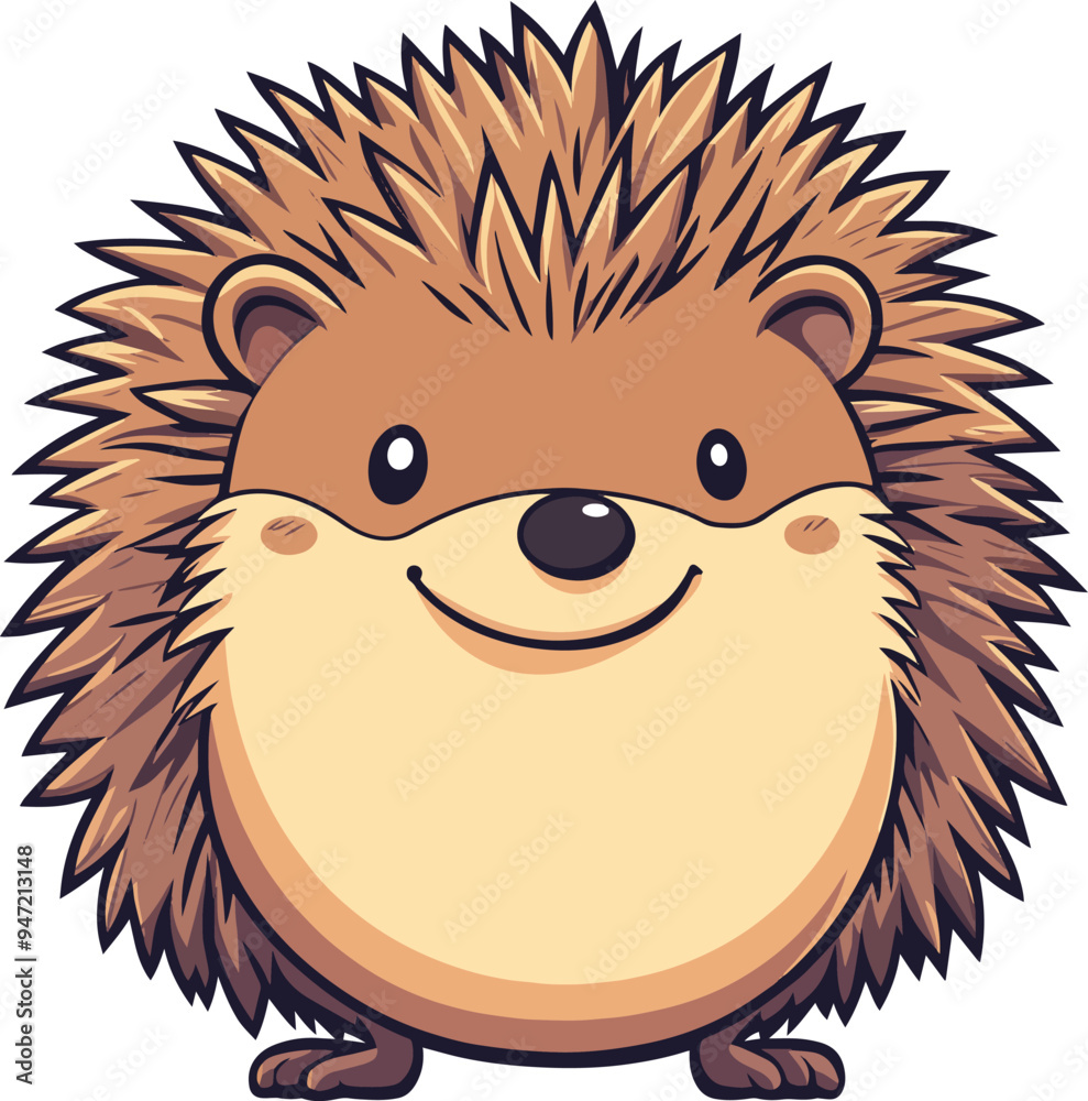 Round hedgehog with simple quills, a small nose, and a cheerful face, white background, vector art cartoon style Round hedgehog with simple quills, a small nose, and a cheerful face, white background, vector art cartoon style