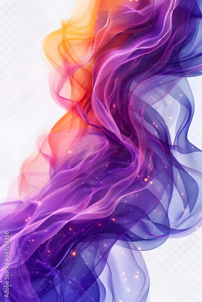 Abstract art of purple and orange flowing fabric with shimmering light, creating a dreamlike and ethereal effect.
