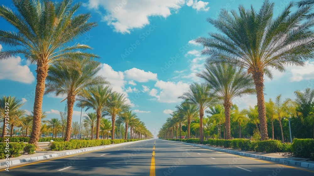 Palm Date trees along side of road with Landscaping. Palm Tree, View of Palm tree with SKY background, Palm Date trees along side of road with Landscaping. Palm Tree, View of Palm tree with SKY background,