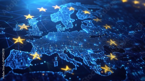European Union Map with Digital Glow and Stars