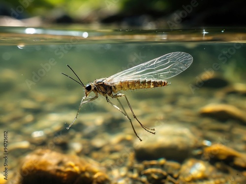 A close-up of a mayfly with transparent wings and long legs submerged in a shallow stream with sunlight reflecting off the water.