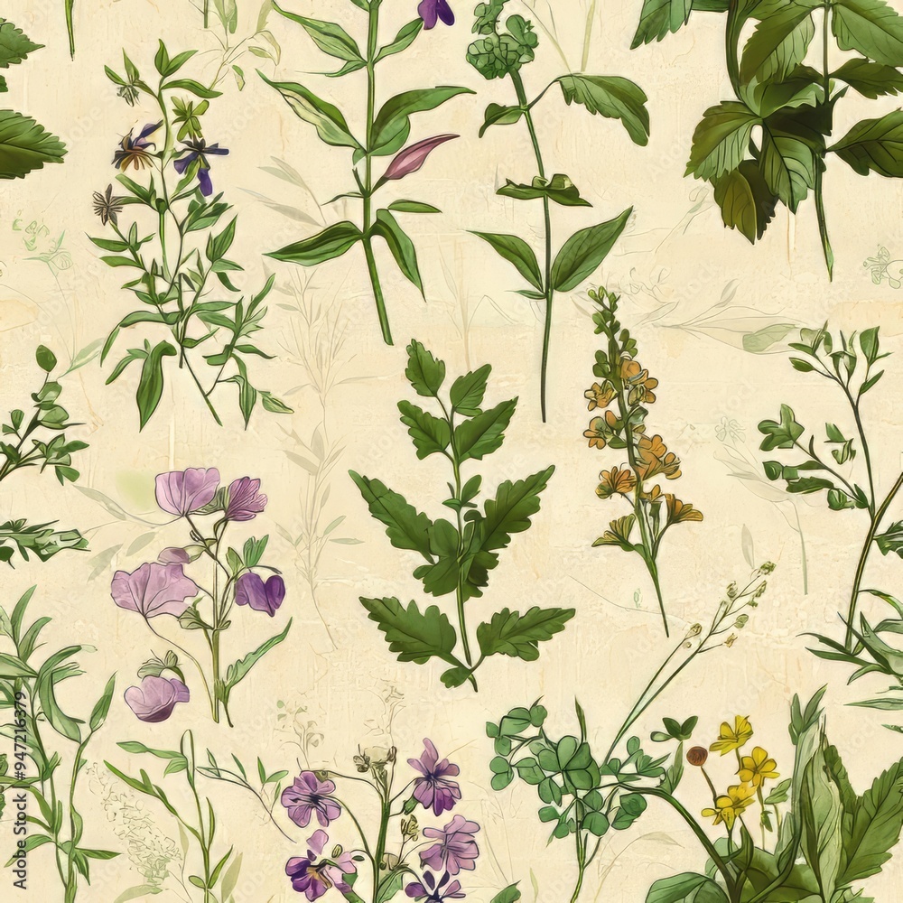 Seamless pattern of historical botanical illustrations with textured backgrounds Seamless pattern of historical botanical illustrations with textured backgrounds