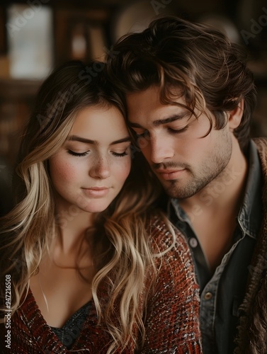 Intimate moment between young couple, their faces close together, exuding warmth and connection against a cozy, dimly lit background.