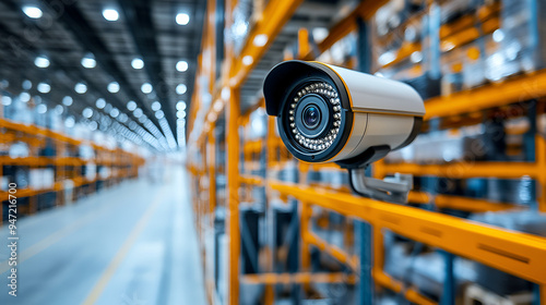 Security camera mounted on a shelf in a warehouse