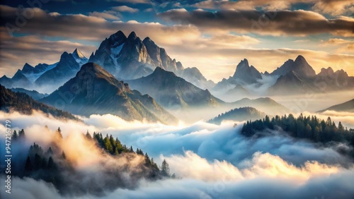 Misty mountain landscape with fog rolling through the peaks, mountains, misty, fog, landscape, nature, serene, tranquil