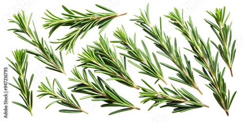 Collection of Rosemary twig and green leaves for garnish food menu isolated on background, flat lay of fresh vegetable herb. photo