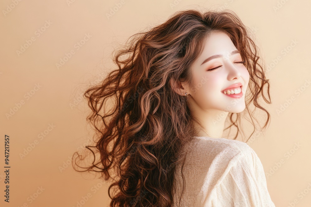 Pretty Asian beauty woman curly long hair with Korean makeup glowing face and healthy facial skin portrait smile on isolated beige background. Cosmetology ,Plastic surgery. Pretty Asian beauty woman curly long hair with Korean makeup glowing face and healthy facial skin portrait smile on isolated beige background. Cosmetology ,Plastic surgery.