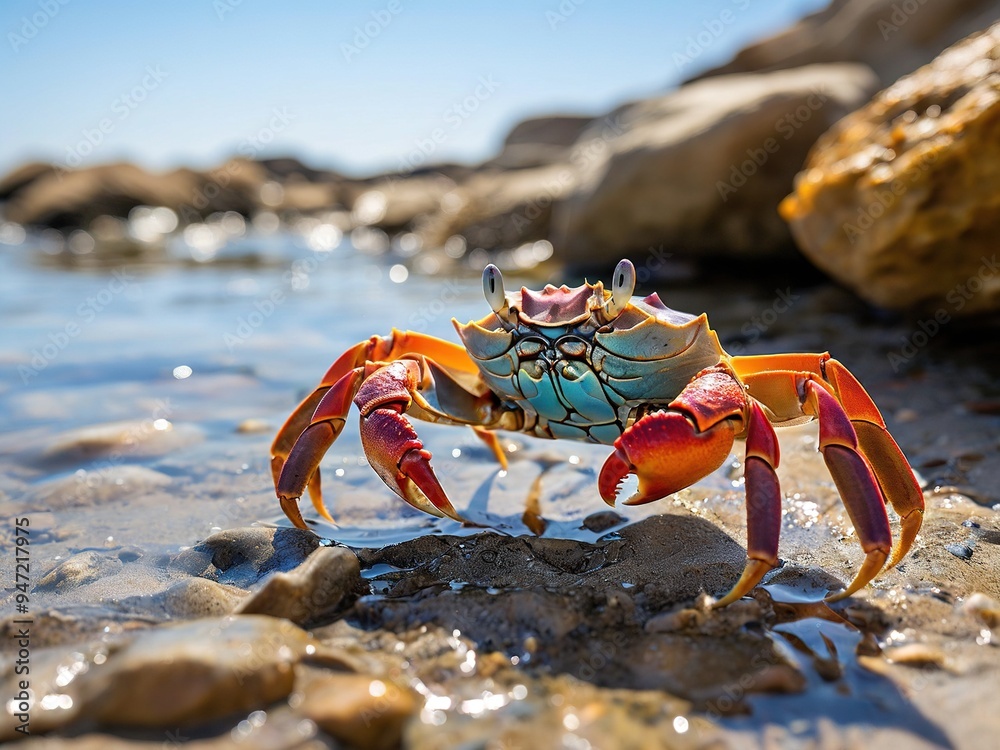 A colorful crab with red and blue shell and legs standing on a rocky beach by the water's edge. A colorful crab with red and blue shell and legs standing on a rocky beach by the water's edge.
